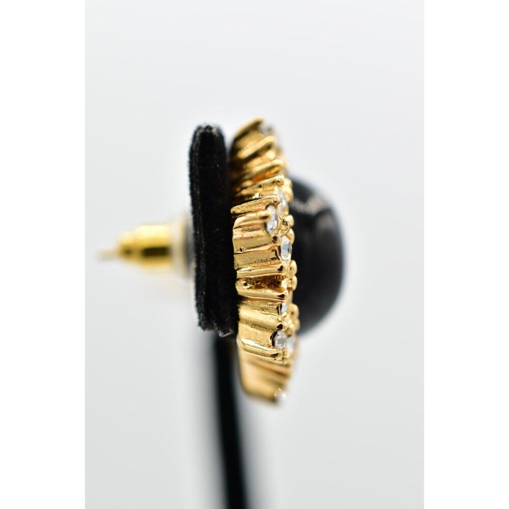 Christian Dior Vintage Black Cabochon Earrings Crystal Gold NOS Signed 80s BinQ - Picture 8 of 12